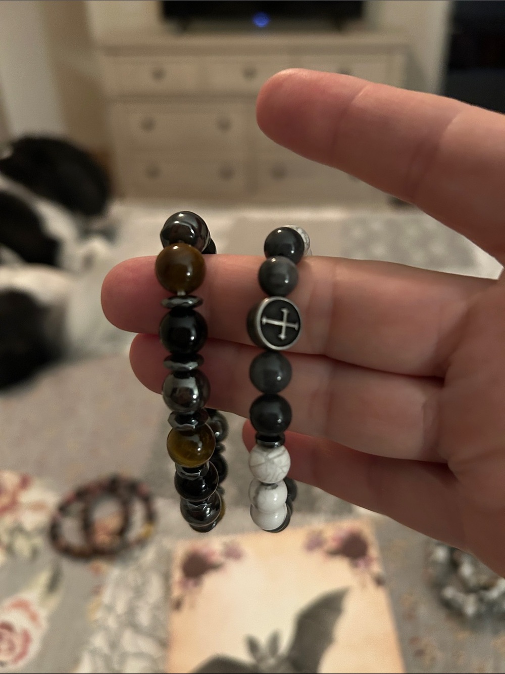 Beaded Stack Bracelet Set - Black, Brown & White with tigers eye and spacers